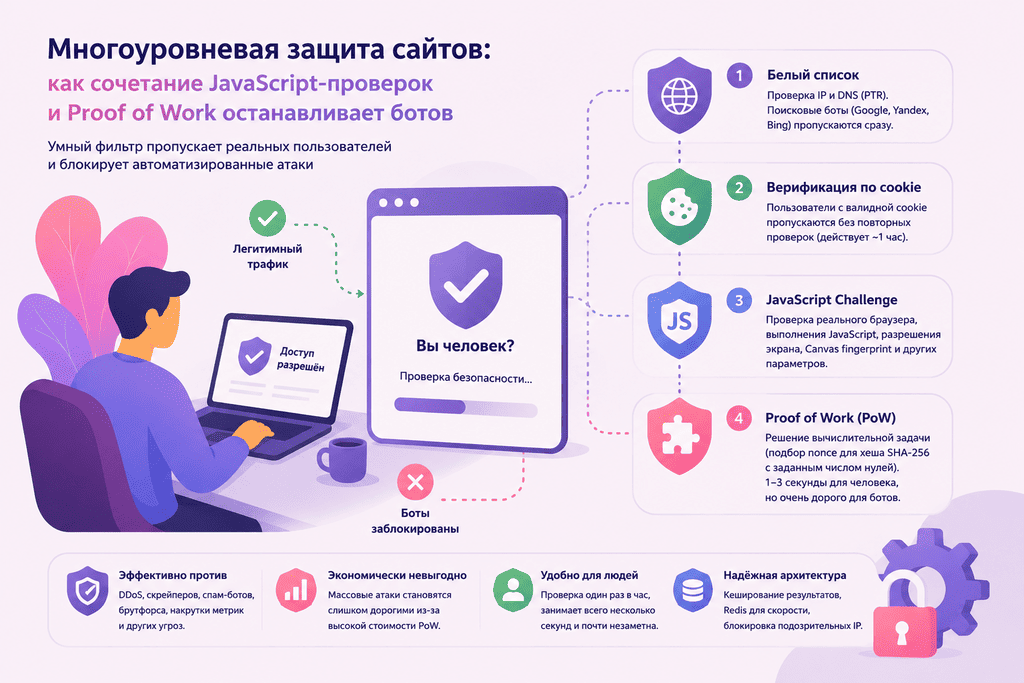 Многоуровневая защита сайта от ботов: как работают PoW и JavaScript Challenge